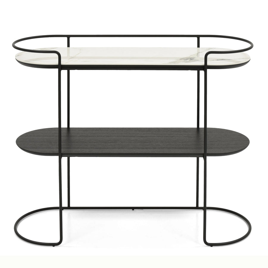 Calligaris Atollo console — black frame, white marble ceramic top and black wood lower shelf