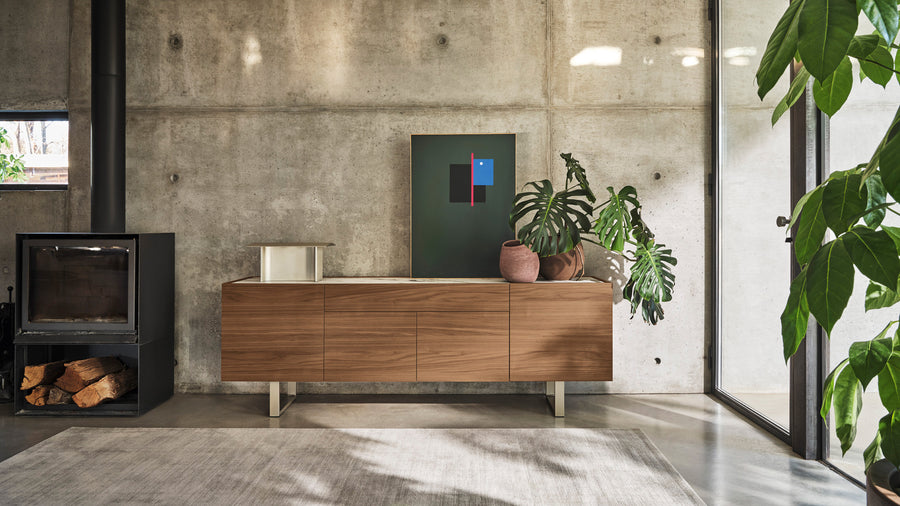 Calligaris Horizon 210 cm sideboard with rectangular base, Canaletto walnut cabinet and ceramic top