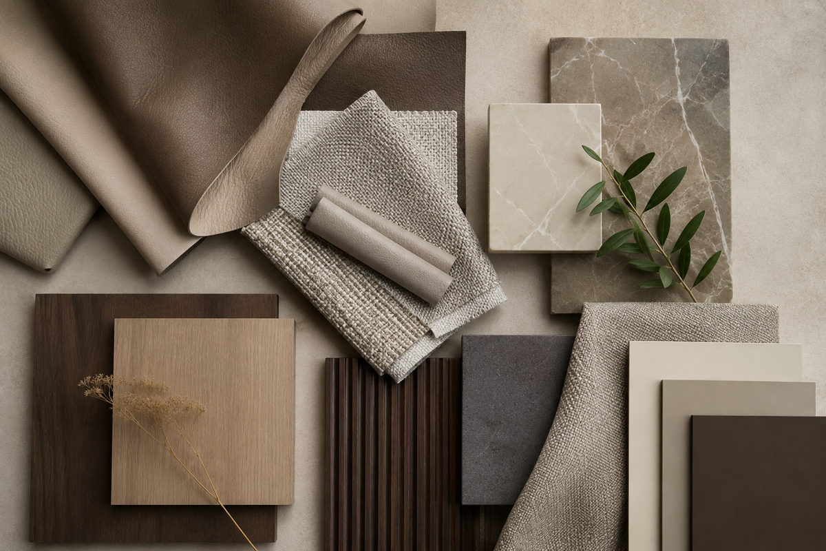 An inspiration moodboard of warm wood, textured fabrics, leather and stone.