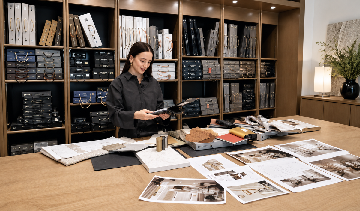 The Fultons interior design studio with sample books, fabrics and finish samples on the worktable.