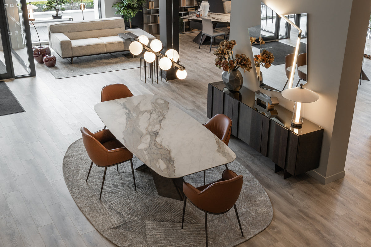 A view across the dining and living displays in the Fultons showroom.