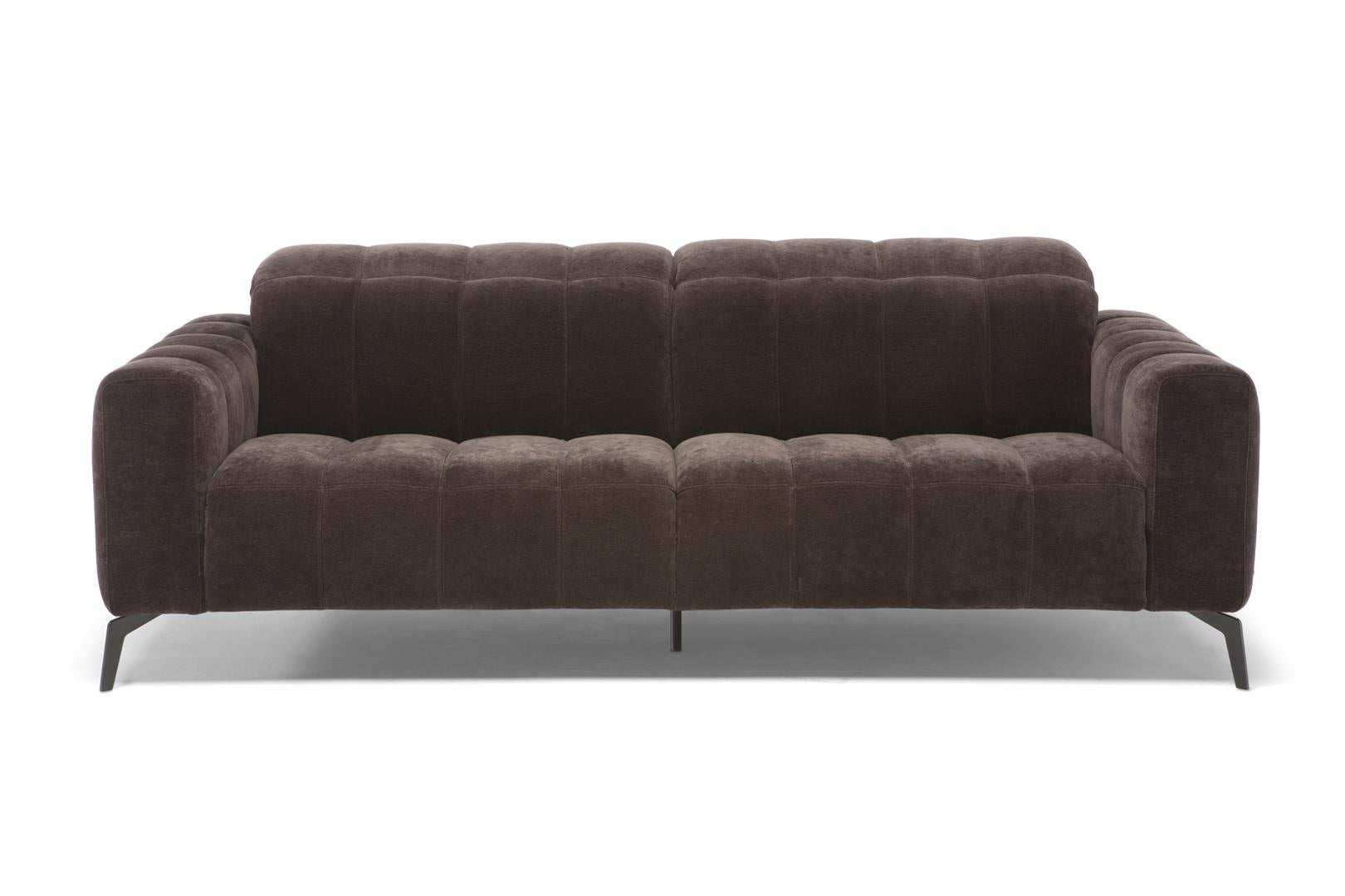 Portento straight sofa in dark brown Cupido Timber fabric, with both outer legs and the central support foot visible