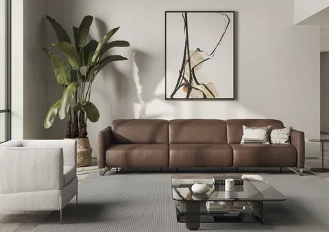 Natuzzi Italia Sophy sofa in brown leather in a warm neutral room with a large leafy plant