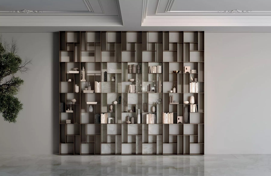 Atena modular bookcase — full-wall composition with open shelves and contrasting back panels