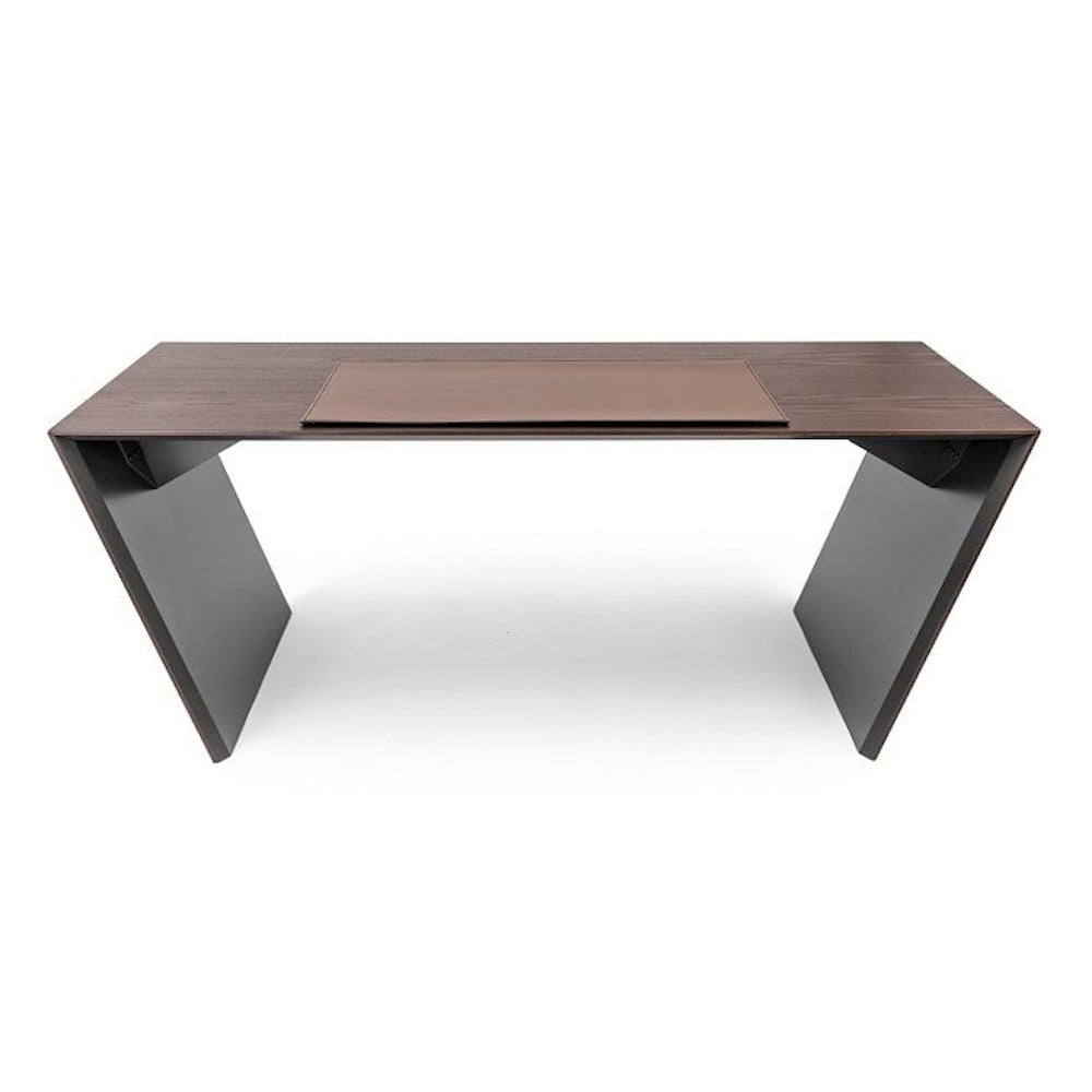 Cattelan Italia Vega desk — wood finish with matt graphite inner panels and optional leather writing pad