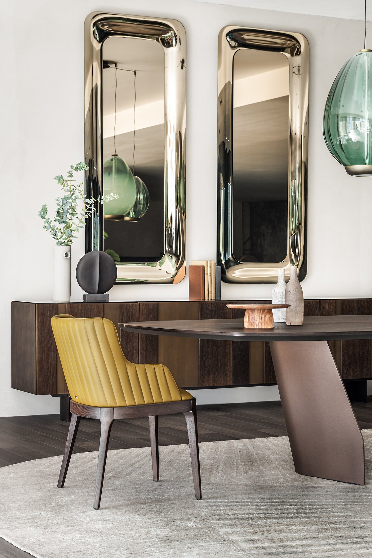 Cattelan Italia Magda Barré Dining Chair — Dining room setting with yellow upholstered chair