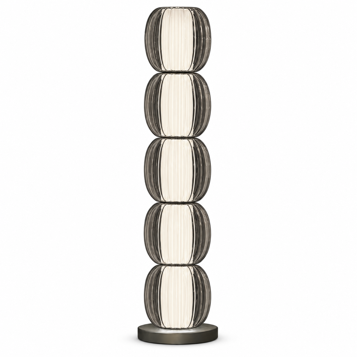 Alma Lume floor totem — supplier cut-out, square framing, golden-nickel/fumé range reference; five glass globes.