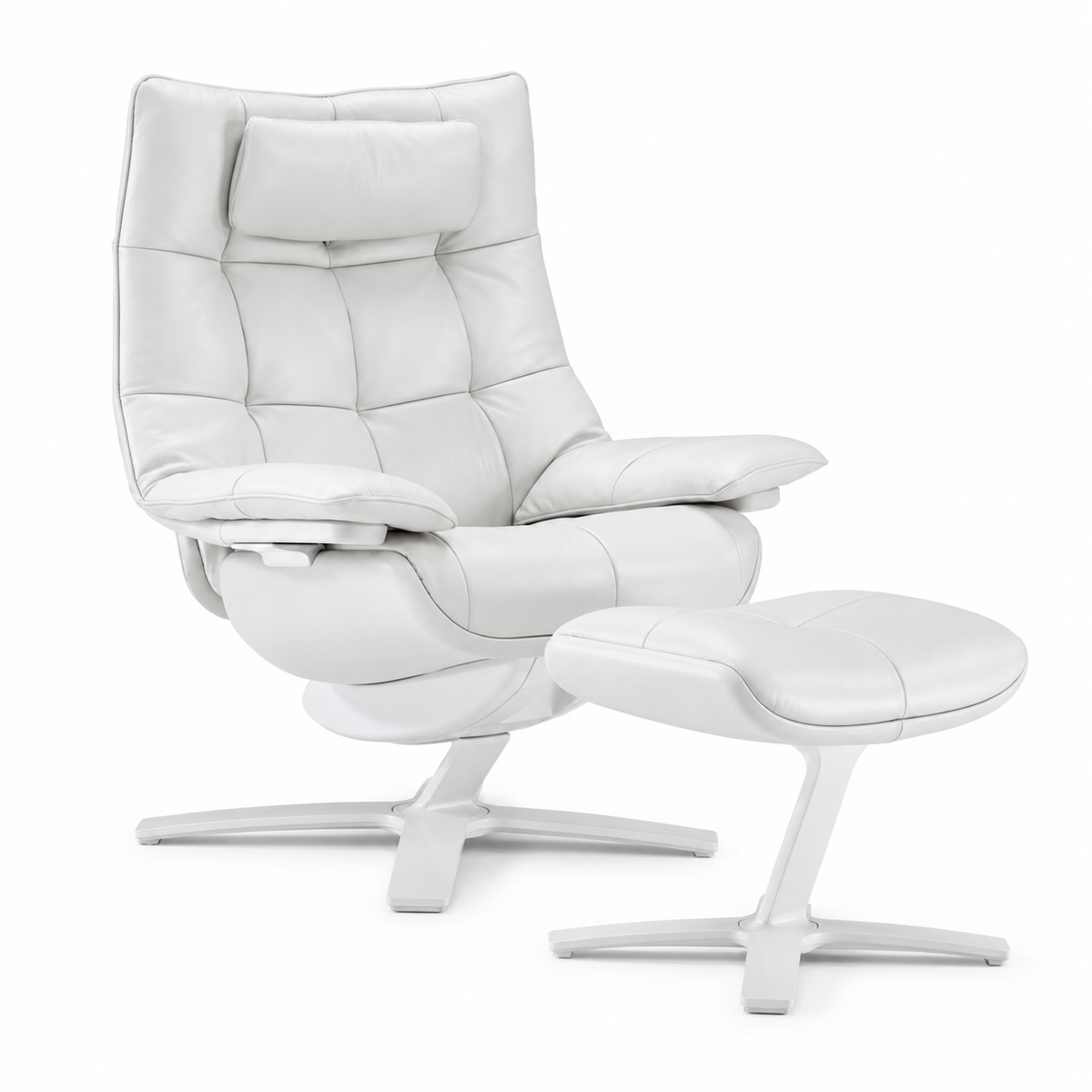 Re-vive Quilted Queen 600Q — supplier white chair, sliding headrest and matching white footstool with white bases; square framing. Exact supplier leather code unconfirmed; actual stock views follow.