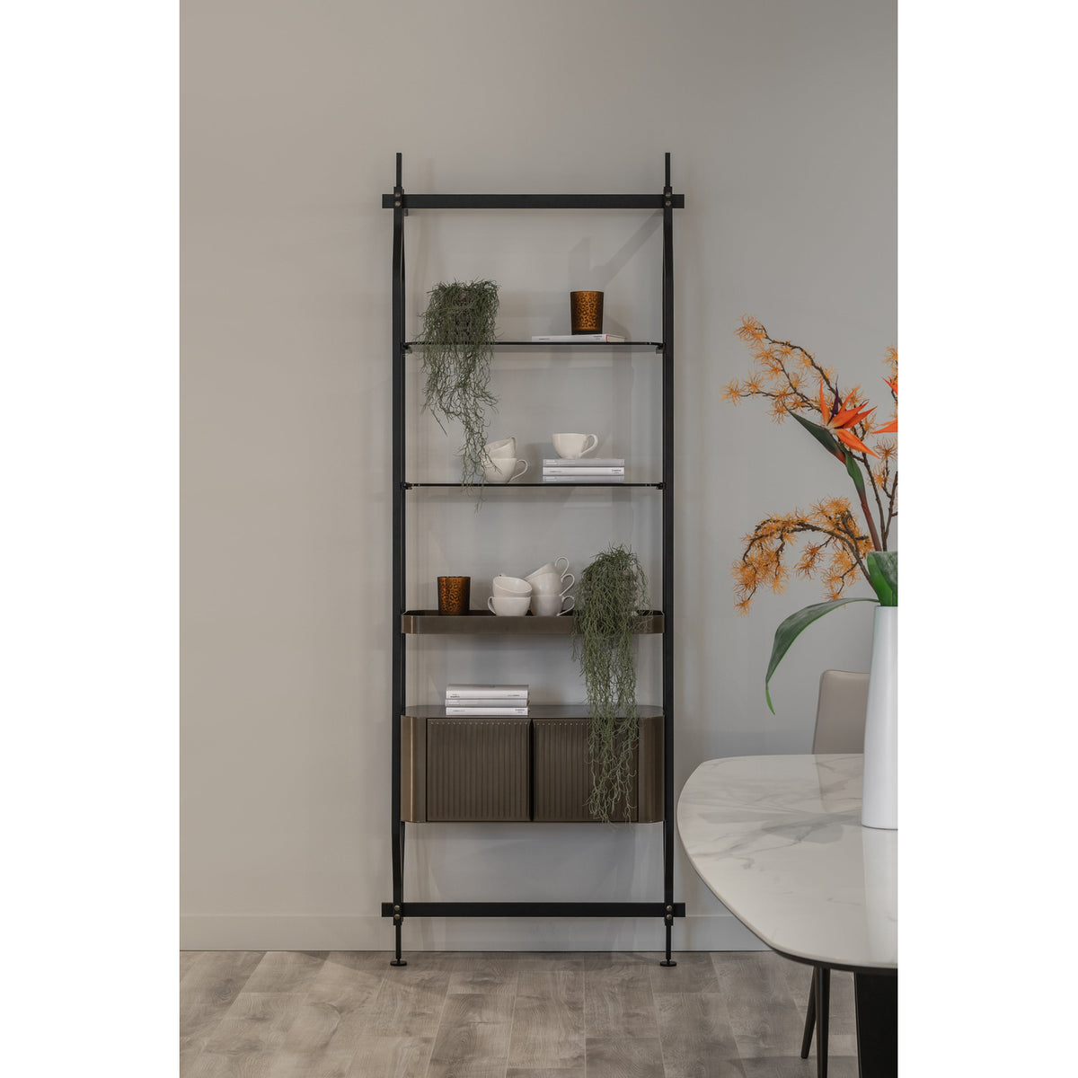 Bontempi Charlotte complete ex-display bookcase in black and aged brass with walnut and smoke glass