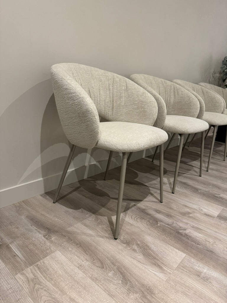 Set of six ex-display Calligaris Anime dining chairs in Aspen Sand fabric, front and side view