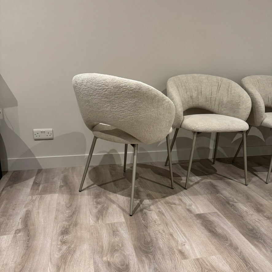 Ex-display Calligaris Anime dining chairs in Aspen Sand fabric, rear and front detail