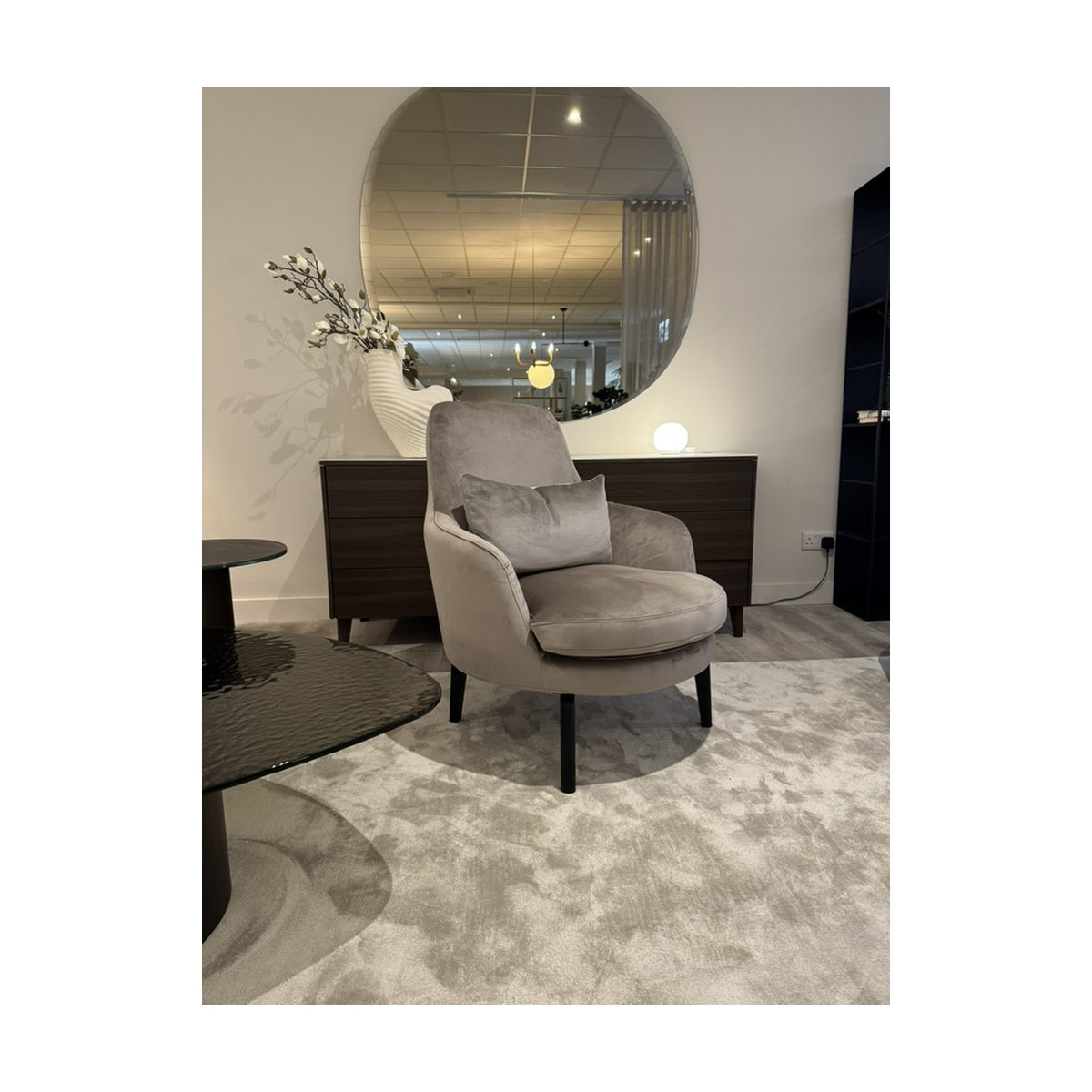 Calligaris Medea lounge chair with Cassiar bolster in Venice Sand, matt black wooden legs
