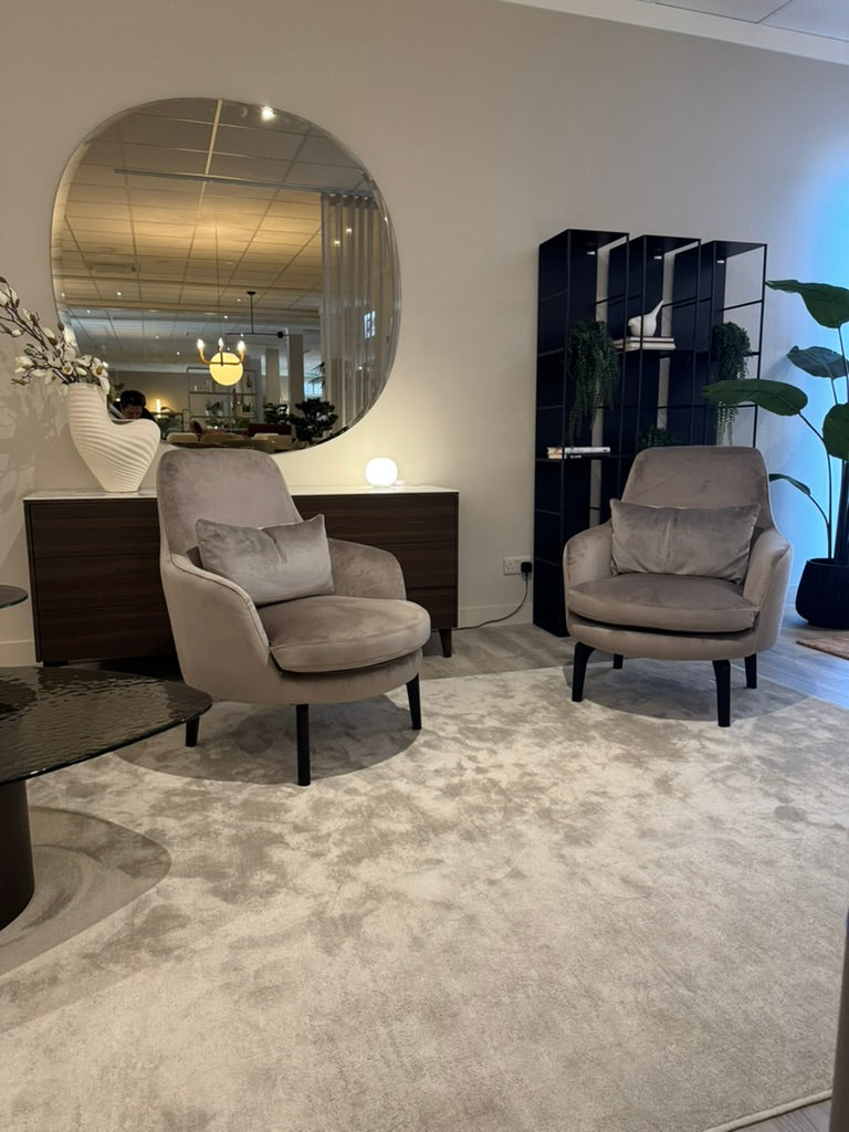 Calligaris Medea lounge chair with Cassiar bolster in Venice Sand, matt black wooden legs — two available