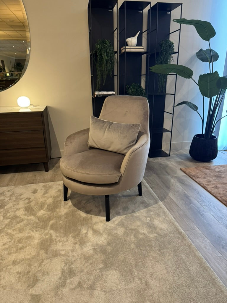 Calligaris Medea lounge chair with Cassiar bolster in Venice Sand, matt black wooden legs