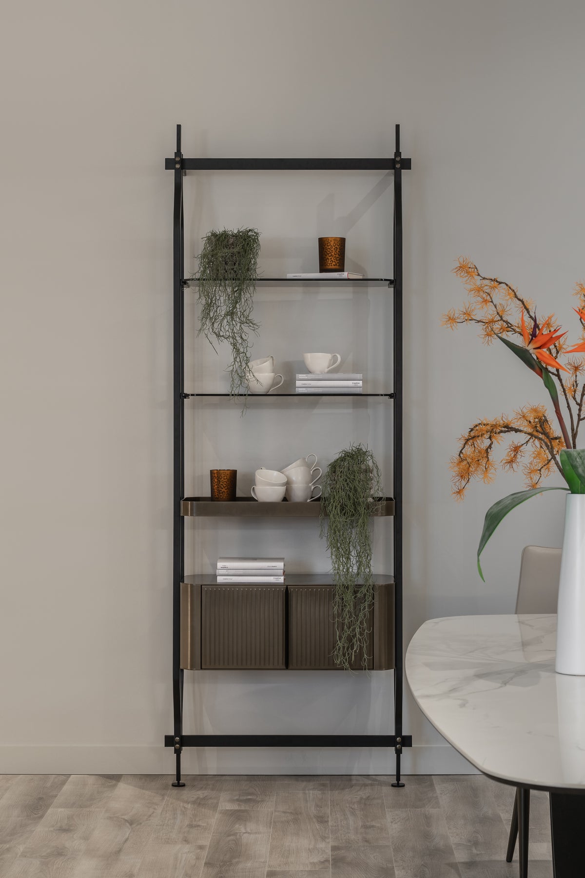 Bontempi Charlotte complete ex-display bookcase in black and aged brass with walnut and smoke glass
