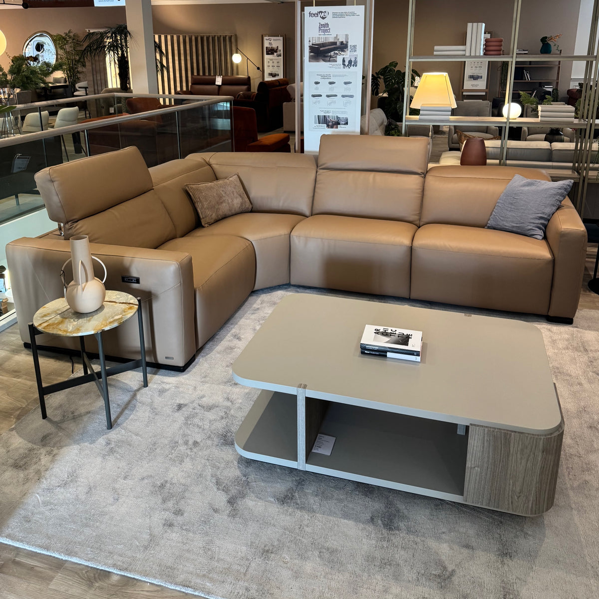 Natuzzi Editions Baltimora corner sofa in Leisure Alder leather — full square crop of the original showroom photograph; accessories excluded