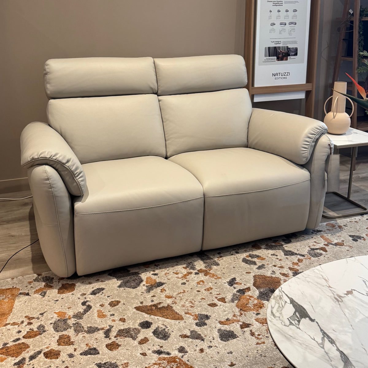 Natuzzi Editions Houston power sofa — Le Mans Light Grey leather — ex-display — original Fultons showroom photograph, square framing
