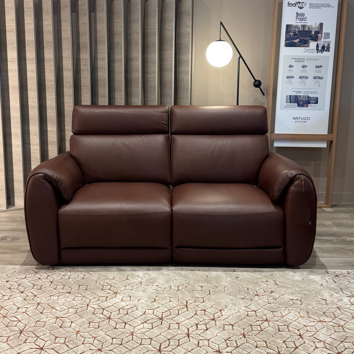 Natuzzi Editions Nuvia power sofa — Dream Rawhide leather — ex-display — original Fultons showroom photograph, square framing