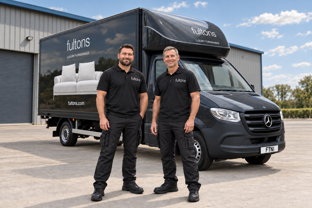 Fultons delivery team standing beside the branded delivery van