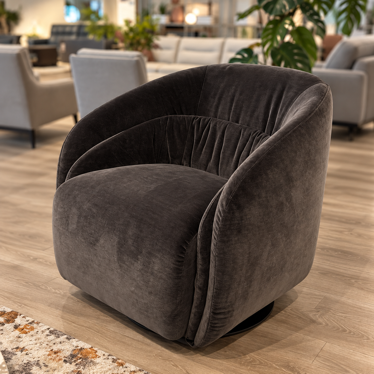 Natuzzi Editions Botao swivel chair in Cupido Dark Timber fabric — opposite angle
