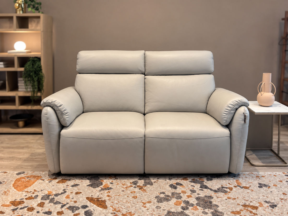 Natuzzi Editions Houston power sofa in Le Mans Light Grey leather, front view, photographed in the Fultons showroom