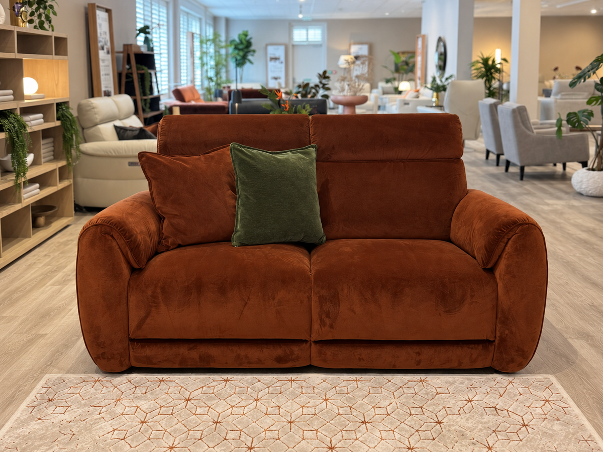 Natuzzi Editions Nuvia static sofa in Terme Rusty fabric, front view, photographed in the Fultons showroom