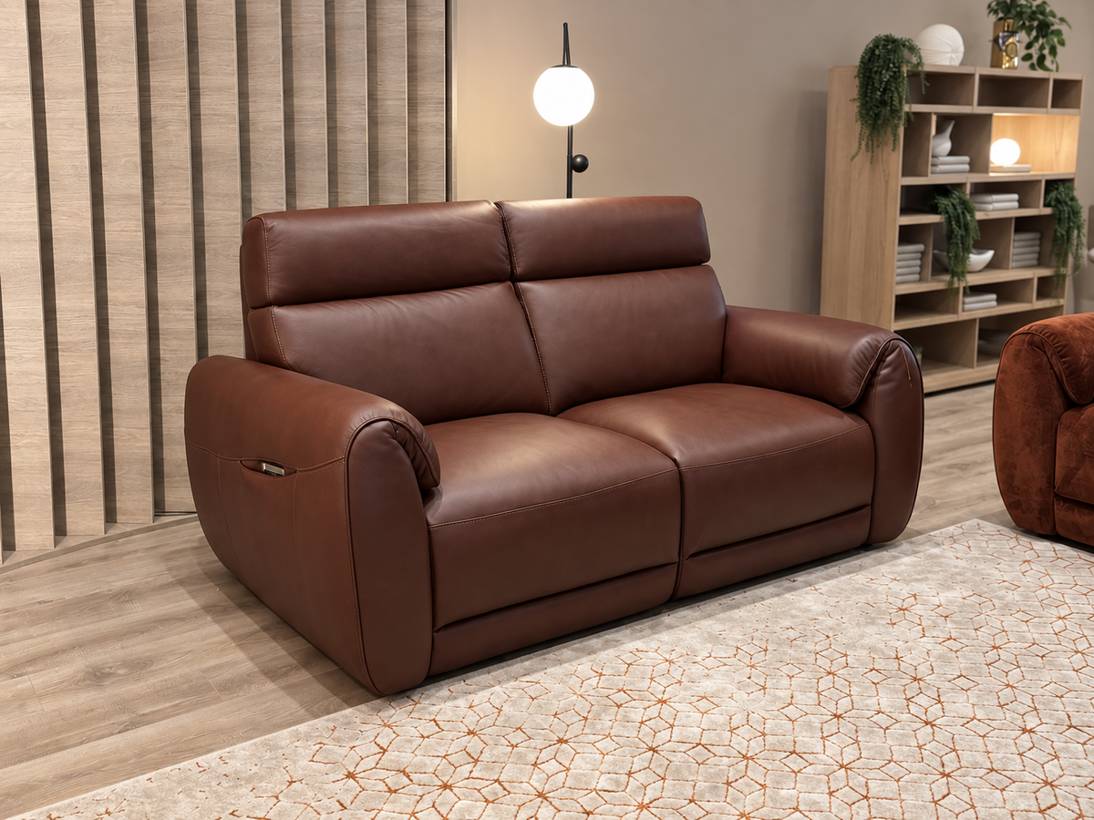 Natuzzi Editions Nuvia power sofa in Dream Rawhide leather, angled view, photographed in the Fultons showroom