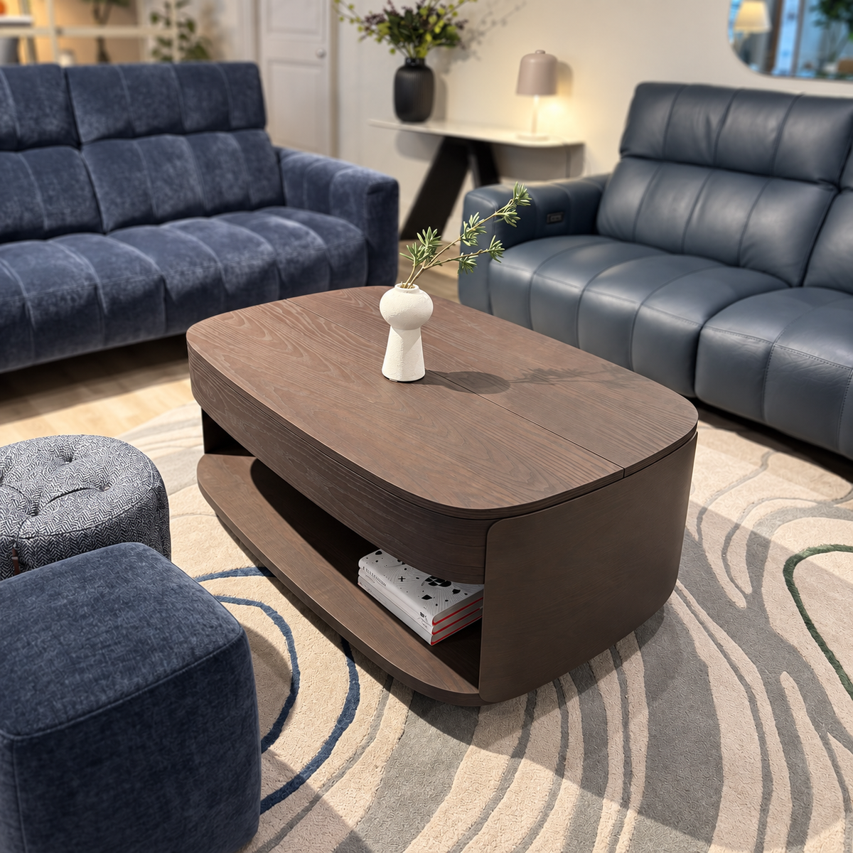 Natuzzi Editions Vega coffee table with mechanism in brown ash, showroom view, photographed in the Fultons showroom
