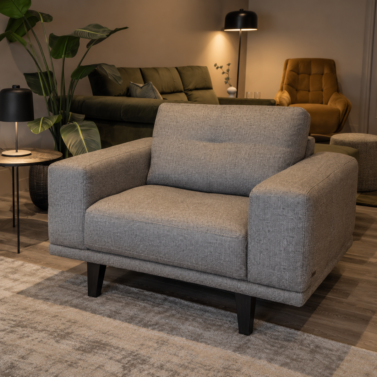 Natuzzi Editions Toledo armchair in Marte Beige melange fabric, photographed in the Fultons showroom
