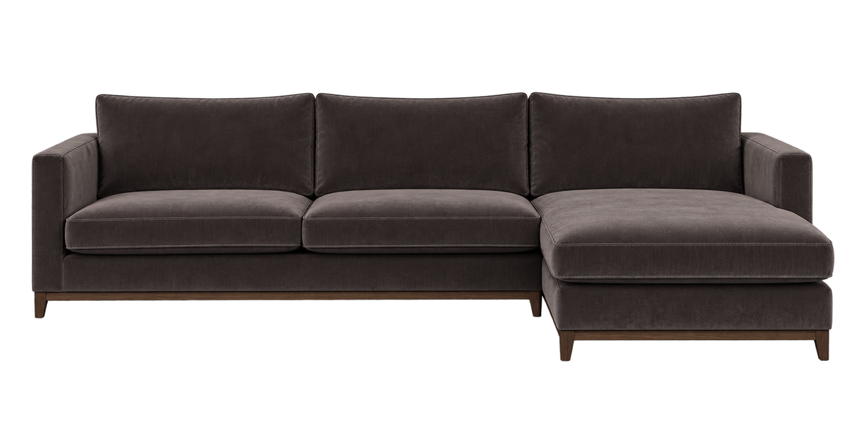 Rivington 290 cm chaise sofa in dark velvet — digital visualisation, chaise on the right when viewed from the front.