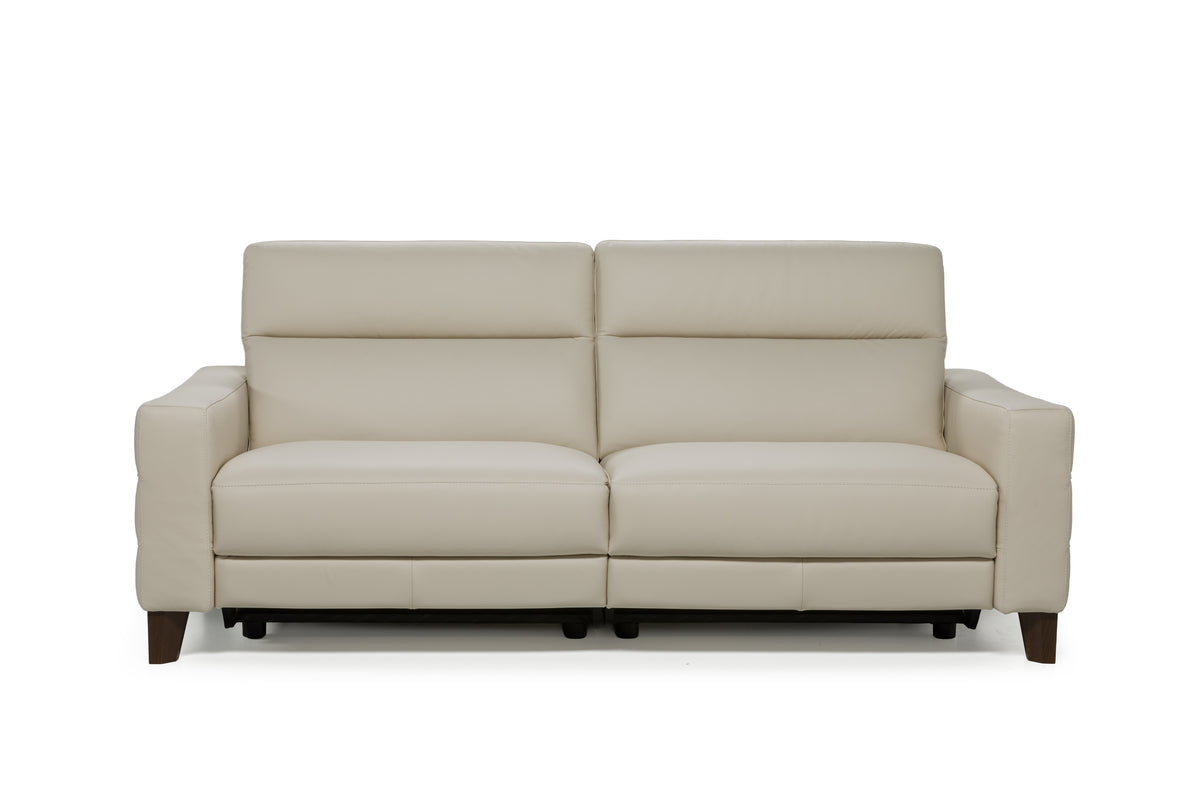 Natuzzi Editions Prime 218 cm sofa with two power recliners, shown closed in Le Mans 15CI leather with wooden feet