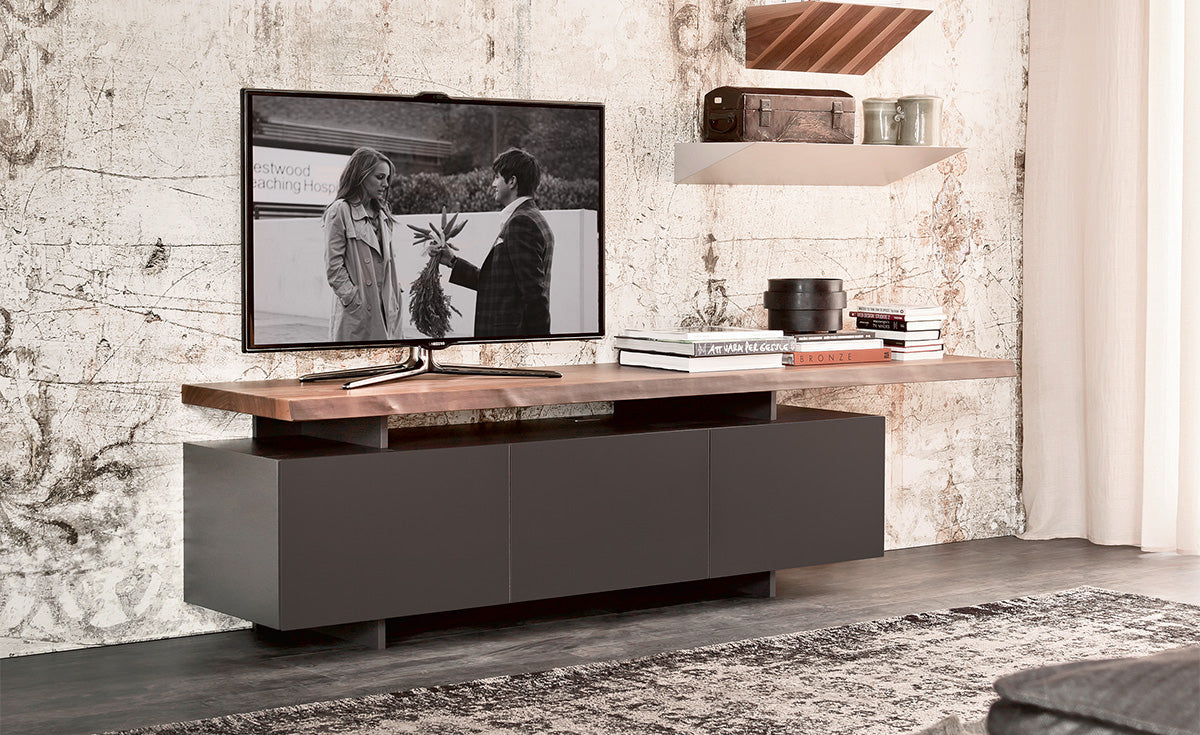 Seneca media cabinet with graphite doors and wood top