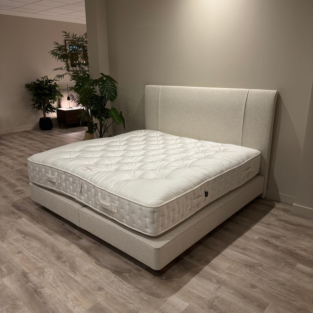 Somnus Emperor size bed with Precious mattress and Deco headboard, angled showroom view