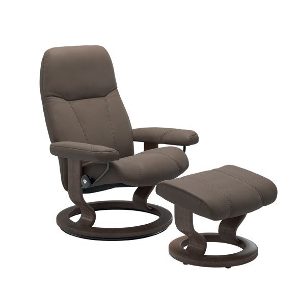 Consul Classic chair & footstool — Batick Mole / Walnut