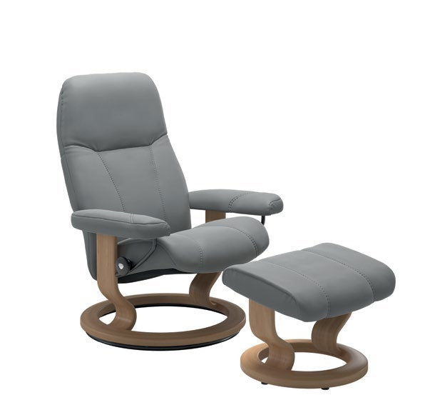 Consul Classic chair & footstool — Batick Wild Dove / Oak