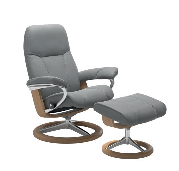 Consul Signature chair & footstool — Batick Wild Dove / Oak