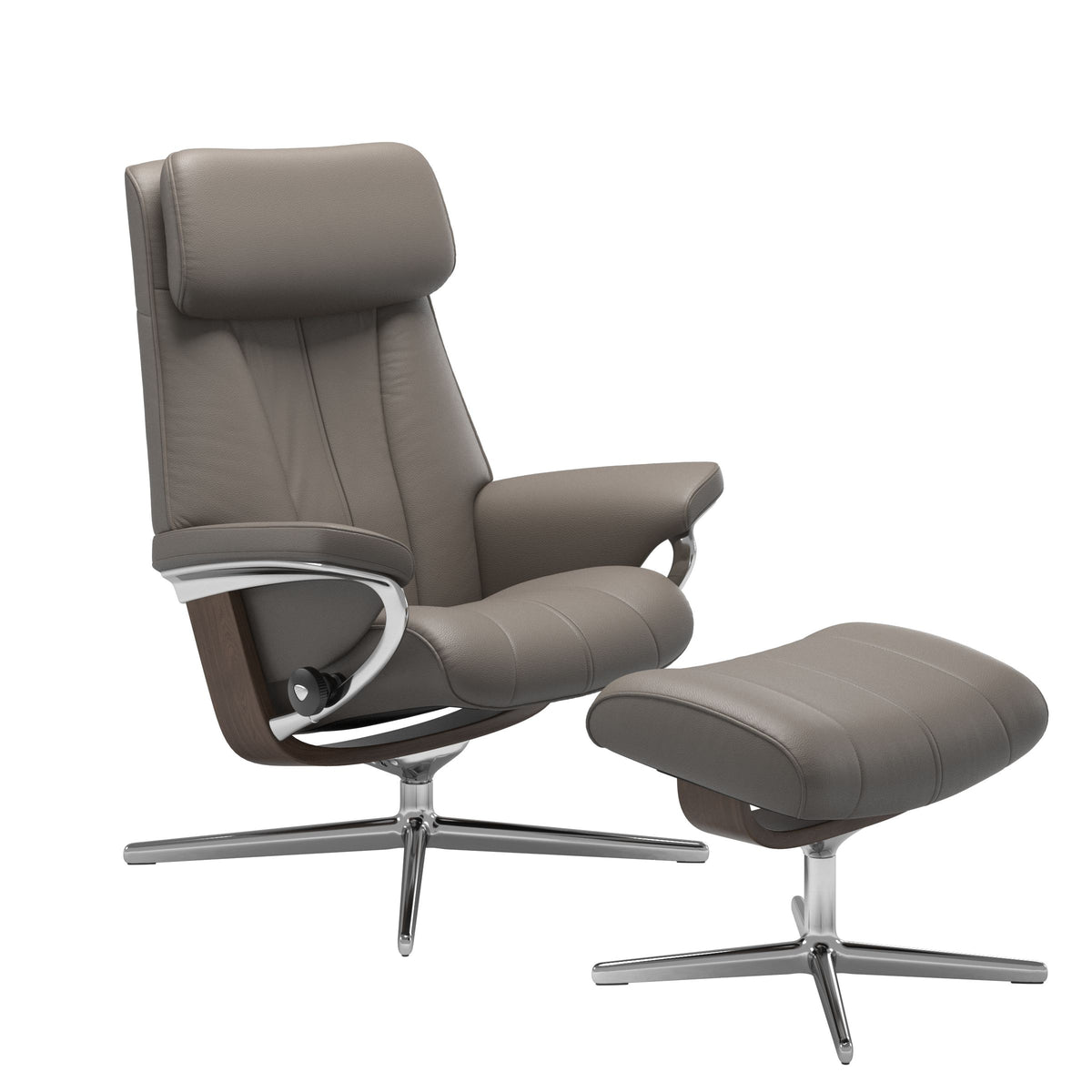 Stressless Paul Medium recliner and footstool in Velaro Grey leather, polished metal Cross base and walnut stain