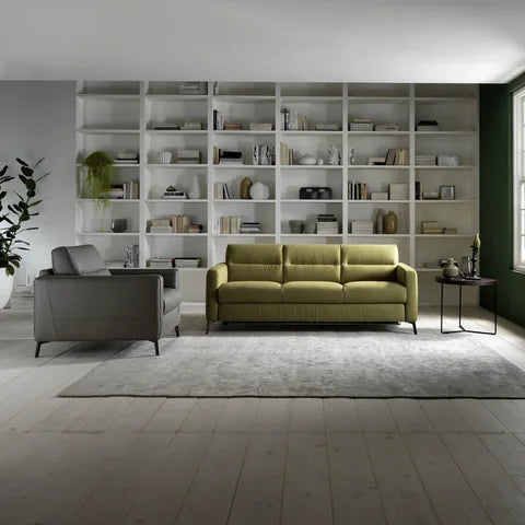 Natuzzi Editions Fascino sofa in olive green upholstery in front of a wall of shelves